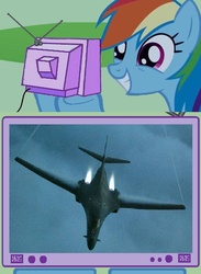 Size: 563x771 | Tagged: safe, rainbow dash, pony, g4, aircraft, b-1b lancer, bomber, exploitable meme, happy, meme, photo, plane, tv meme