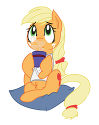 Size: 609x768 | Tagged: safe, artist:elslowmo, artist:miles, applejack, earth pony, pony, g4, clothes, drink, hot chocolate, shirt, solo
