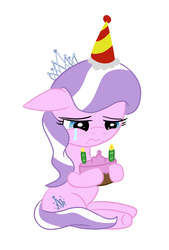 Size: 560x828 | Tagged: safe, artist:elslowmo, diamond tiara, earth pony, pony, g4, cake, crying, cute, diamondbetes, female, filly, foal, happy birthday to me, hat, original artist unknown, party hat, sad, simple background, solo, tiarabuse, white background