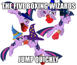 Size: 1280x1091 | Tagged: safe, twilight sparkle, g4, boxing, clone, eyes closed, hat, image macro, jumping, multeity, open mouth, pony pangrams, smiling, sparkle sparkle sparkle, wat, wizard hat