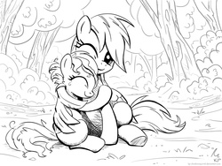 Size: 1000x750 | Tagged: safe, artist:kp-shadowsquirrel, rainbow dash, scootaloo, pegasus, pony, g4, bush, color me, cute, eyes closed, female, filly, foal, hug, lineart, mare, messy mane, monochrome, one eye closed, scootalove, signature, sitting, tree, winghug, wings