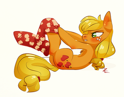 Size: 900x708 | Tagged: safe, artist:lizombie, applejack, g4, chest fluff, clothes, dressing, socks