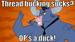 Size: 798x449 | Tagged: safe, edit, edited screencap, screencap, iron will, minotaur, g4, caption, image macro, looking at you, male, microphone, necktie, nose piercing, nose ring, op, op is a duck (reaction image), piercing, septum piercing, smiling, solo, text, thumbs up