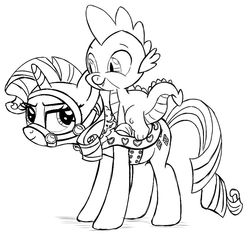 Size: 821x786 | Tagged: safe, artist:stinkehund, rarity, spike, dragon, pony, unicorn, g4, black and white, bridle, dragons riding ponies, female, grayscale, lineart, male, mare, monochrome, riding, saddle, ship:sparity, shipping, spike riding rarity, straight