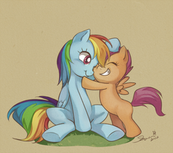 Size: 700x620 | Tagged: safe, artist:sasasami, rainbow dash, scootaloo, pegasus, pony, g4, beige background, blank flank, cute, cutealoo, dashabetes, duo, duo female, eyes closed, female, filly, hug, mare, one eye closed, scootalove, simple background, sitting, smiling, tan background