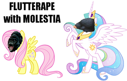 Size: 500x318 | Tagged: safe, fluttershy, princess celestia, ape, mole (animal), princess molestia, g4, flutterrape, image macro, low effort, princess mole-stia, pun, wat