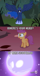 Size: 770x1469 | Tagged: safe, edit, edited screencap, screencap, princess luna, scootaloo, the headless horse, headless horse, g4, caption, comic, dream walker luna, headless