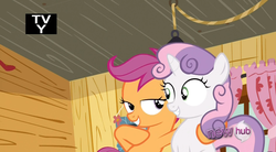 Size: 840x462 | Tagged: safe, screencap, scootaloo, sweetie belle, g4, sleepless in ponyville, hub logo, lidded eyes, out of context, tv rating