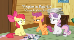 Size: 837x460 | Tagged: safe, screencap, apple bloom, scootaloo, sweetie belle, g4, sleepless in ponyville, cutie mark crusaders, derp, hub logo