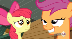 Size: 835x454 | Tagged: safe, screencap, apple bloom, scootaloo, g4, sleepless in ponyville, dat ass, hub logo, lip bite, out of context