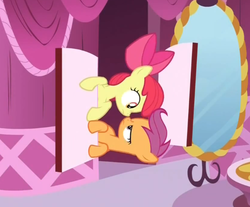 Size: 621x515 | Tagged: safe, screencap, apple bloom, scootaloo, g4, sleepless in ponyville, carousel boutique, female, filly, foal, nose to nose