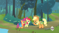 Size: 833x464 | Tagged: safe, screencap, apple bloom, applejack, scootaloo, g4, sleepless in ponyville, hub logo, lidded eyes, out of context