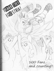 Size: 678x900 | Tagged: dead source, safe, artist:negativefade, fluttershy, nightmare moon, princess luna, rainbow dash, scootaloo, g4, metal goddess luna, monochrome