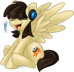 Size: 740x726 | Tagged: safe, artist:fizzy-dog, wild fire, pegasus, pony, g4, female, headphones, sibsy, simple background, solo, spread wings, transparent background, wings