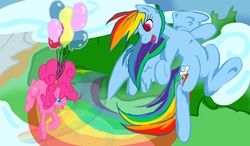 Size: 5120x2987 | Tagged: safe, artist:meshoealstar, pinkie pie, rainbow dash, g4, balloon, flying, rainbow, then watch her balloons lift her up to the sky