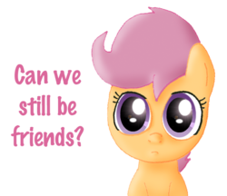 Size: 625x540 | Tagged: safe, artist:ajmstudios, scootaloo, pony, g4, cute, female, fluffy, frown, looking at you, simple background, solo, stare, text, transparent background