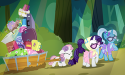 Size: 1200x718 | Tagged: safe, artist:pixelkitties, rarity, sweetie belle, trixie, g4, sleepless in ponyville, alternate hairstyle, camping outfit, crepuscular rays, glasses, high ponytail, ponytail, sweetiebuse, wheeless cart, wheels trixie