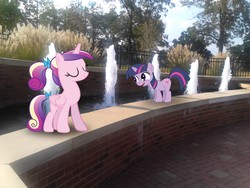 Size: 2048x1536 | Tagged: safe, artist:tokkazutara1164, princess cadance, twilight sparkle, pony, g4, female, filly, filly twilight sparkle, fountain, irl, outdoors, photo, ponies in real life, vector, young, younger