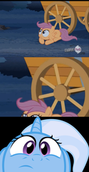 Size: 1248x2416 | Tagged: safe, scootaloo, trixie, g4, sleepless in ponyville, hub logo, scared, wheel, wheels trixie