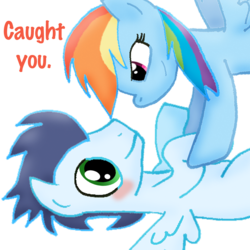 Size: 900x900 | Tagged: safe, artist:ajmstudios, rainbow dash, soarin', pegasus, pony, g4, blushing, caught you, cute, female, love, male, mare, meme, pinned, romance, ship:soarindash, shipping, simple background, stallion, transparent background