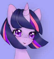 Size: 725x783 | Tagged: safe, artist:maxiria, twilight sparkle, pony, unicorn, g4, blue background, blushing, bust, colored pupils, female, looking at you, mare, open mouth, portrait, signature, simple background, solo, windswept mane