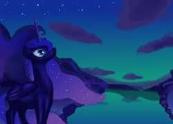 Size: 840x600 | Tagged: safe, artist:too-many-jellies, princess luna, pony, g4, cloud, cloudy, female, night, solo, water