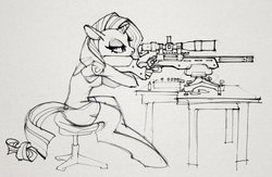 Size: 1280x832 | Tagged: safe, artist:vombavr, rarity, anthro, unguligrade anthro, g4, gun, monochrome, rifle, solo, weapon