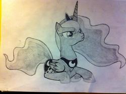 Size: 960x717 | Tagged: artist needed, source needed, safe, princess luna, pony, g4, drawing, female, monochrome, photo, prone, solo