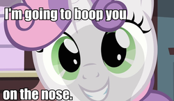 Size: 927x538 | Tagged: safe, edit, edited screencap, screencap, sweetie belle, g4, one bad apple, boop, bust, close-up, cute, diasweetes, english, front view, head only, image macro, portrait, smiling, text