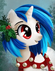 Size: 612x792 | Tagged: dead source, safe, artist:paintedhoofprints, dj pon-3, vinyl scratch, pony, unicorn, g4, bells, christmas, cute, featured image, female, holly, mare, open mouth, smiling, solo, vinylbetes, wrong eye color