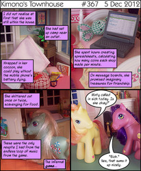 Size: 520x630 | Tagged: safe, gameloft, brights brightly, kimono, minty, earth pony, pony, unicorn, g3, 2012, brightly, comic, female, irl, kimono's townhouse, male, mare, oh minty minty minty, photo, stallion, toy