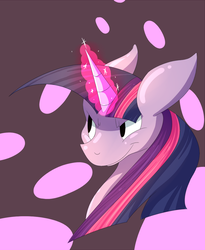 Size: 861x1050 | Tagged: safe, artist:klimatedrift, twilight sparkle, pony, unicorn, g4, abstract background, bust, female, glowing horn, horn, magic, mare, portrait, smiling, smirk, solo