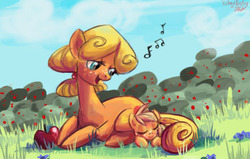 Size: 443x282 | Tagged: safe, artist:strixmoonwing, applejack, g4, apple, female, filly, filly applejack, grass, ma apple, mother, obligatory apple, singing, sleeping, younger