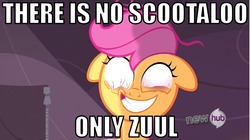 Size: 855x480 | Tagged: safe, edit, edited screencap, screencap, scootaloo, pegasus, pony, g4, sleepless in ponyville, female, filly, ghostbusters, hub logo, image macro, possessed, reference, solo, zuul