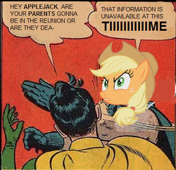 Size: 400x387 | Tagged: safe, applejack, g4, batman, my parents are dead, robin