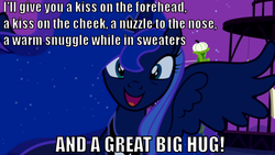 Size: 832x468 | Tagged: safe, edit, edited screencap, screencap, princess luna, g4, luna eclipsed, :d, all caps, bronybait, english, happy, huzzah, image macro, looking at you, night, open mouth, open smile, smiling, solo, text