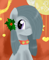 Size: 800x987 | Tagged: safe, artist:marisalle, marble pie, pony, g4, bell collar, christmas, collar, cute, female, holly, jingle bells, marblebetes, solo