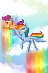 Size: 1068x1596 | Tagged: safe, artist:ls_skylight, rainbow dash, scootaloo, pegasus, pony, g4, cloud, cloudy, duo, duo female, female, flying, rainbow, rainbow falls (location), scootalove