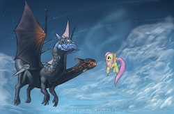 Size: 1392x911 | Tagged: safe, artist:saurabhinator, fluttershy, dragon, pegasus, pony, g4, cloud, cloudy, crossover, dota, dota 2, female, flying, game, jakiro, mare, multiple heads, sky, smiling, spread wings, two heads, two-headed dragon
