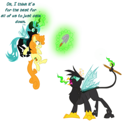 Size: 1024x1021 | Tagged: safe, carrot top, gilda, golden harvest, changeling, earth pony, griffon, pony, g4, changeling lyra, female, mare, shovel, simple background, species swap, transparent background