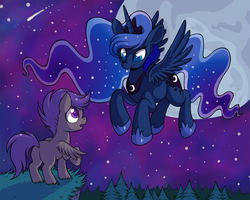 Size: 1200x960 | Tagged: safe, artist:catsncupcakes, princess luna, scootaloo, alicorn, pegasus, pony, g4, female, filly, flying, forest, looking at each other, mare, moon, night, sky, stars