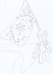Size: 2484x3492 | Tagged: safe, rainbow dash, pony, g4, the crystal empire, crystal empire, crystal empire flag, female, flag, grayscale, mare, monochrome, pencil drawing, sketch, solo, traditional art