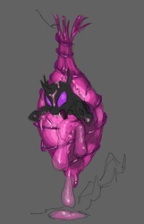 Size: 597x925 | Tagged: safe, artist:carnifex, changeling, birth, changeling slime, cocoon, egg, gray background, miasma hive, purple changeling, simple background, solo, suspended