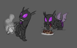 Size: 956x600 | Tagged: safe, artist:carnifex, changeling, gray background, incense, miasma hive, purple changeling, rotten food, simple background