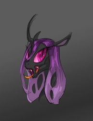 Size: 539x700 | Tagged: safe, artist:carnifex, oc, oc only, oc:miasma, changeling, changeling queen, bust, changeling oc, changeling queen oc, female, gradient background, gray background, miasma hive, portrait, purple changeling, simple background, solo