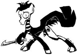Size: 500x357 | Tagged: artist needed, source needed, safe, earth pony, pony, clothes, cloven hooves, johnny the homicidal maniac, jthm, knife, male, monochrome, ponified, solo, stallion