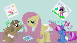 Size: 861x478 | Tagged: safe, artist:toddlergirl, fluttershy, oc, oc:speckle, pegasus, pony, g4, babysitting, diaper, diaper fetish, female, mare, non-baby in diaper, pacifier