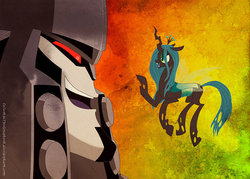 Size: 900x643 | Tagged: safe, artist:celestiathegreatest, queen chrysalis, g4, crossover, hilarious in hindsight, megatron, transformers, transformers animated
