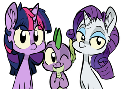 Size: 500x365 | Tagged: safe, artist:xenon, rarity, spike, twilight sparkle, g4, looking at you