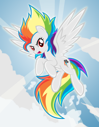 Size: 2500x3200 | Tagged: safe, artist:danmakuman, rainbow dash, pony, g4, cloud, crepuscular rays, day, flying, male, sky, sonic the hedgehog, sonic the hedgehog (series), spread wings, super rainbow dash, wings